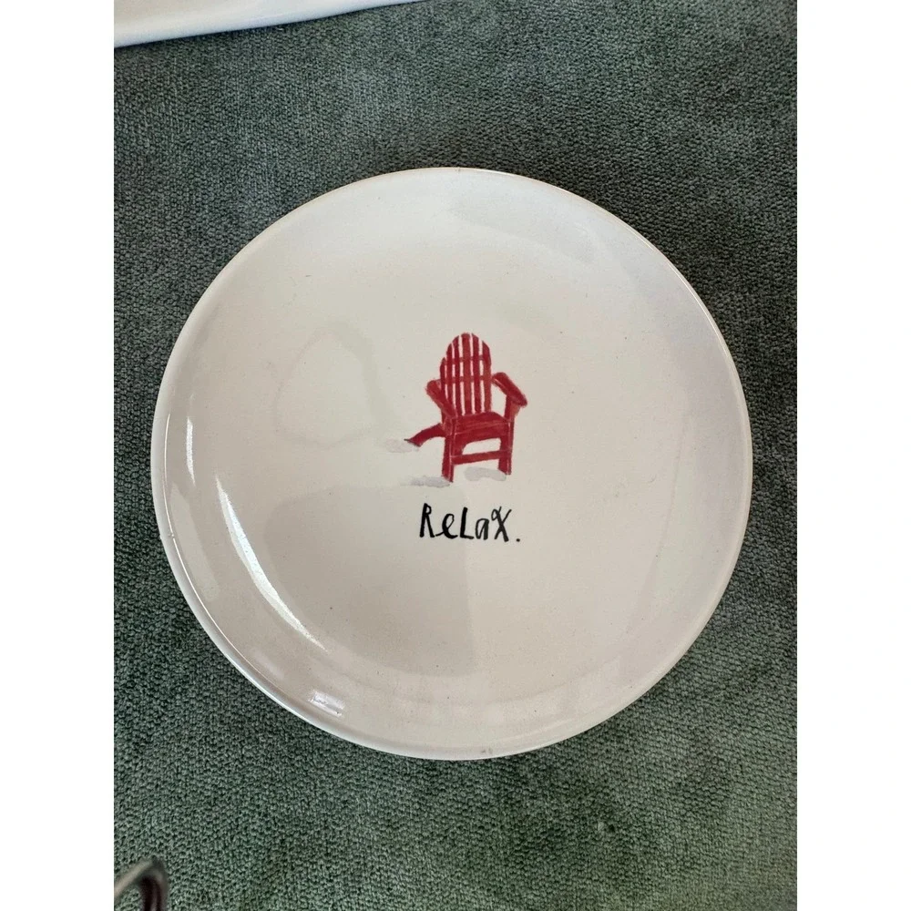 Rae Dunn RELAX plate ceramic round patriotic Summer bbq